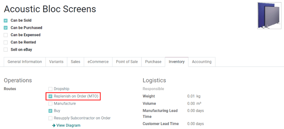 La ruta "Reabastecer sobre pedido" seleccionada en el formulario del producto.