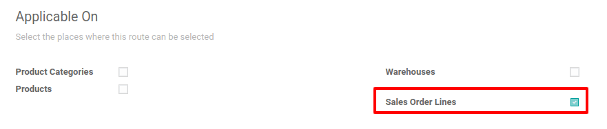 Vista del menú de ruta al seleccionar "Aplicable" en las líneas de orden de venta