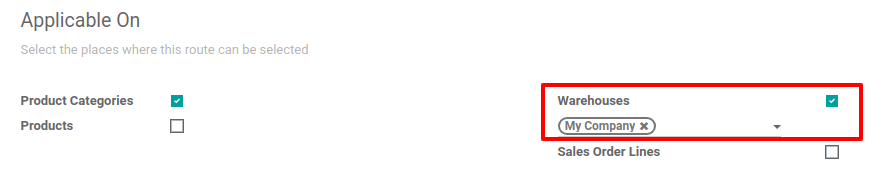 Vista del menú de ruta al seleccionar "Aplicable" en un almacén