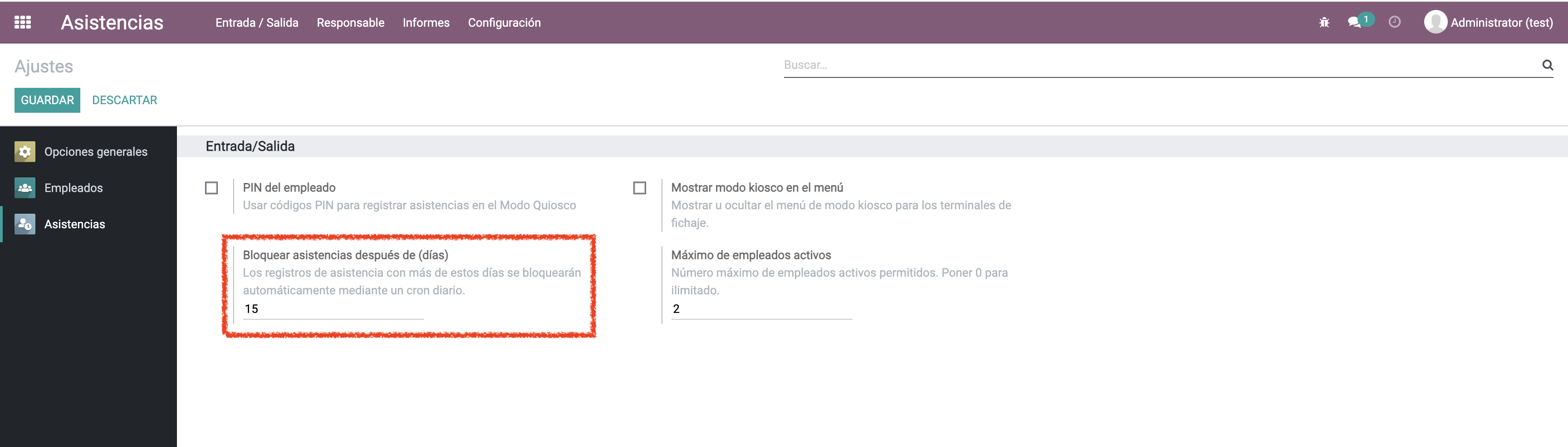 Configuración de días de bloqueo de asistencia.