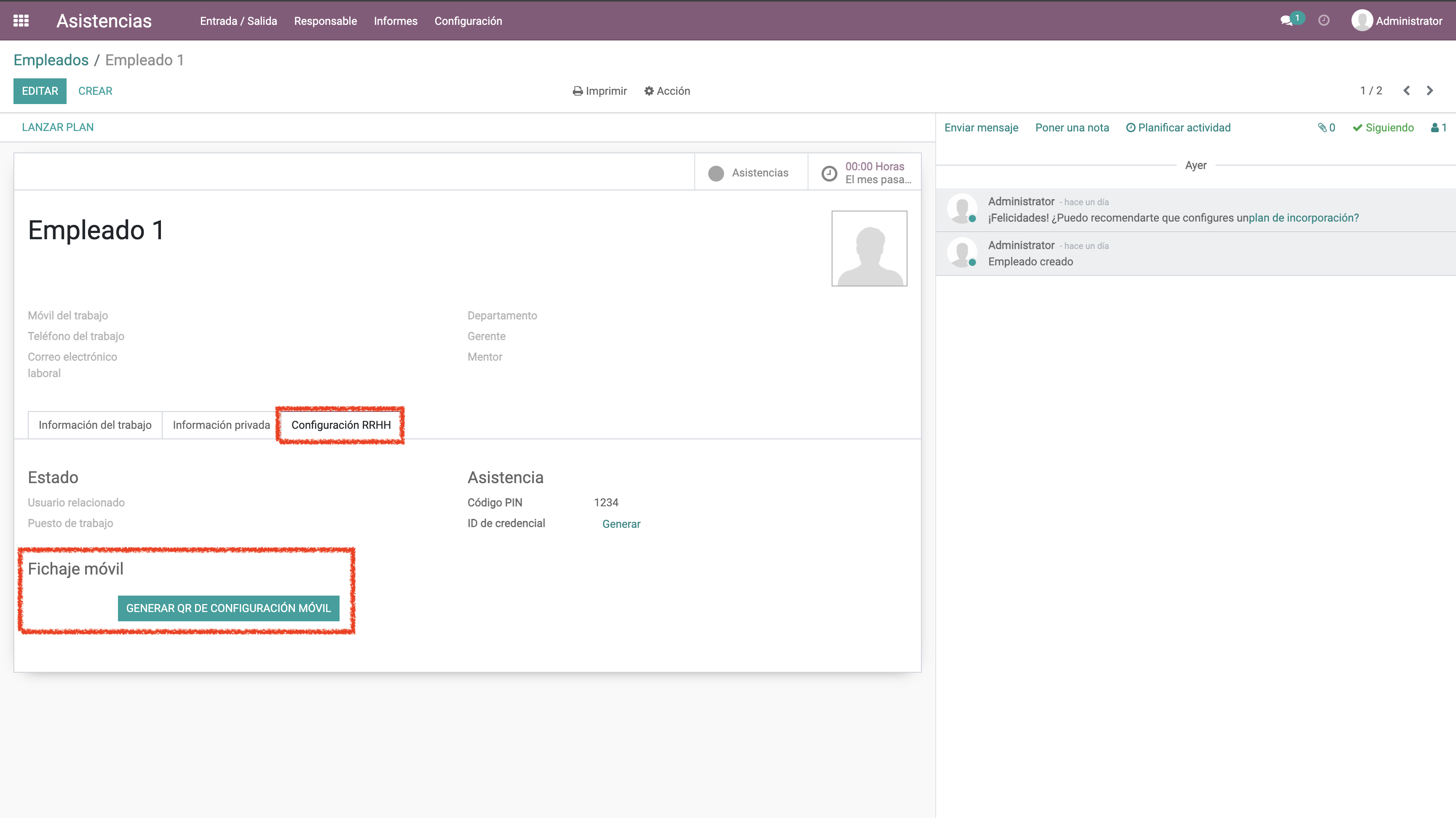 Botón Generar QR de configuración móvil en el formulario del empleado.