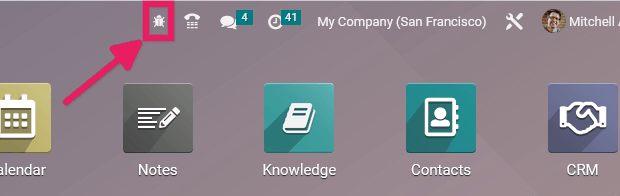 La página de la consola y el icono de solución de bugs en Odoo.