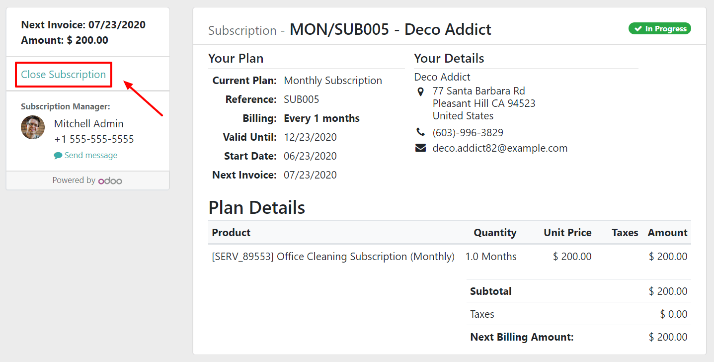 Cierre su suscripción desde el punto de vista del cliente con Suscripciones de Odoo 