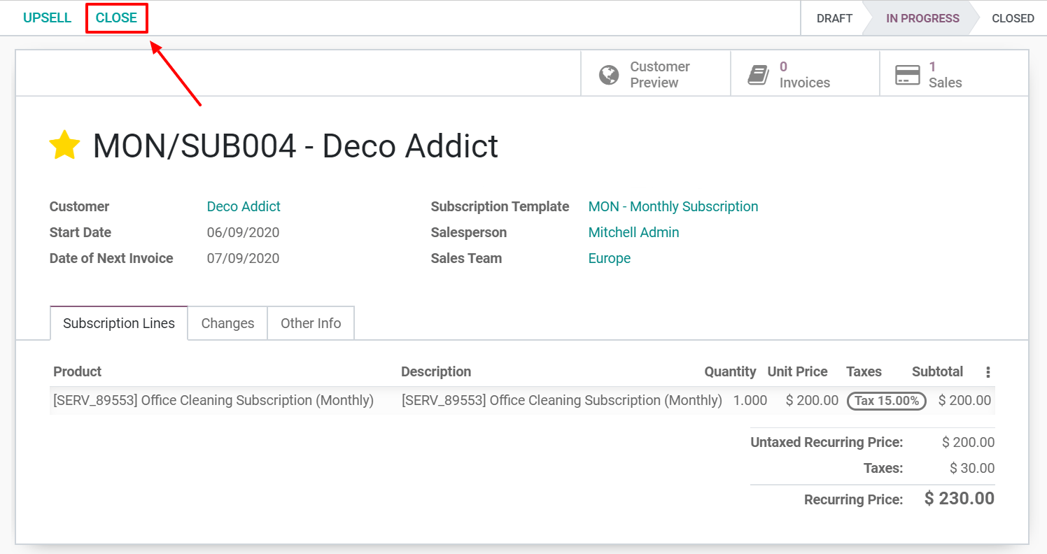 Cierre su suscripción desde el punto de vista administrativo con Suscripciones de Odoo 