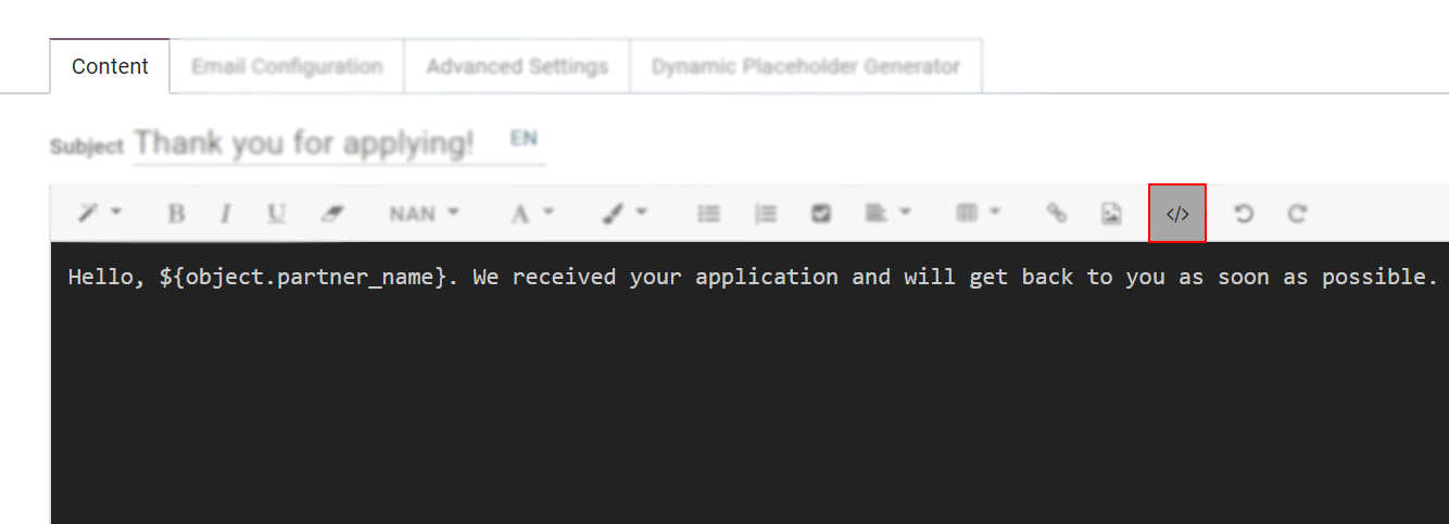 Vista de la vista del código del cuerpo en la pestaña de contenido en Odoo