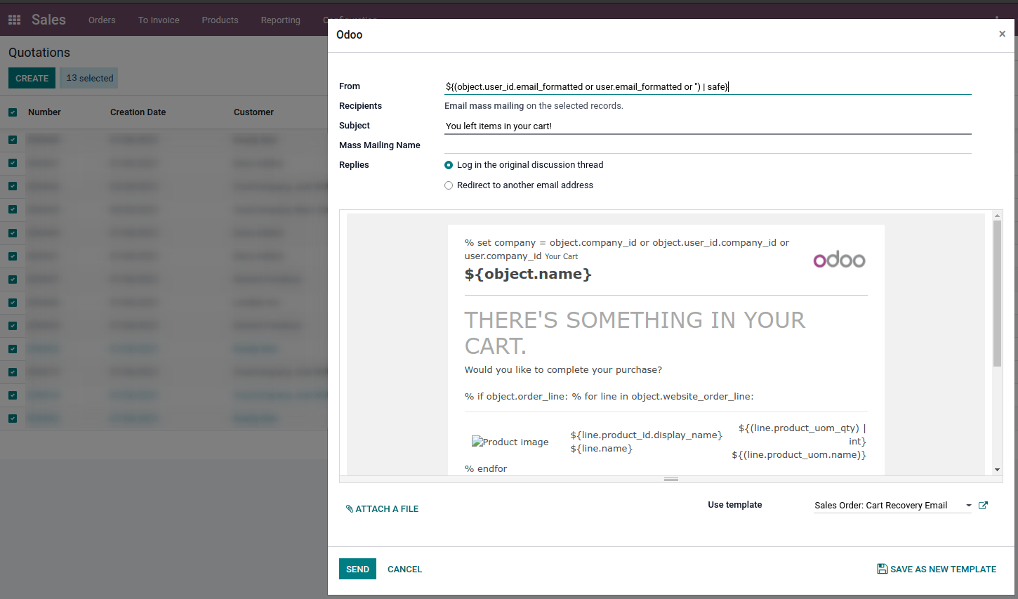 Redactor en el modo de correos masivos después de seleccionar varias cotizaciones.