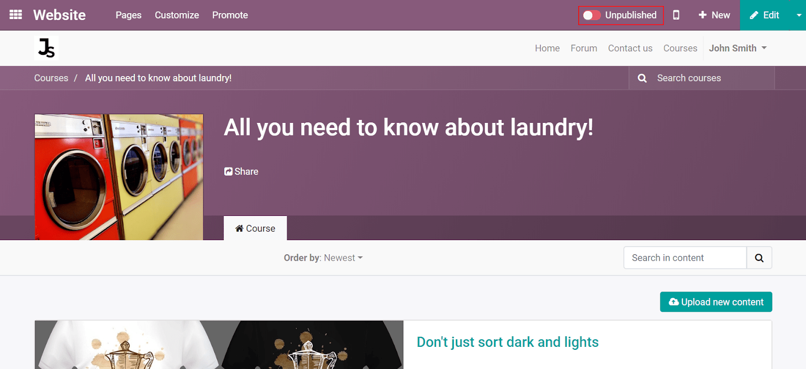 Vista la publicación de un curso desde la aplicación Servicio de asistencia de Odoo