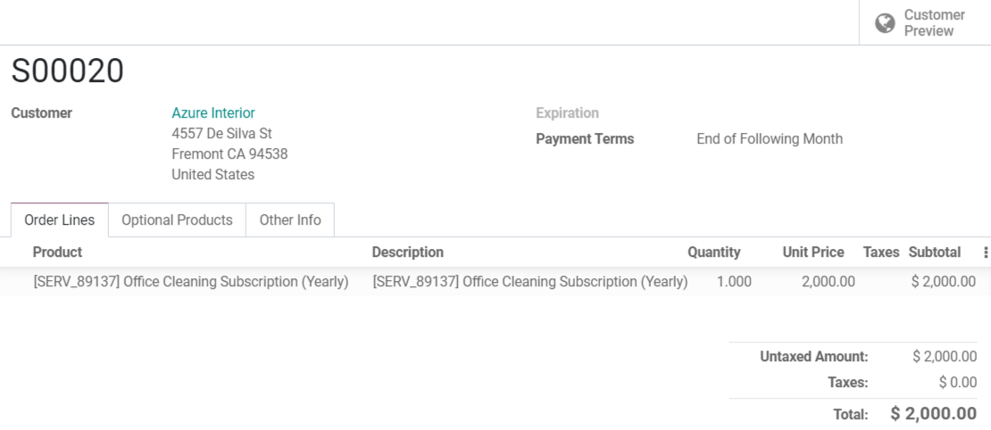 Vista de un formulario de cotización en Ventas de  Odoo