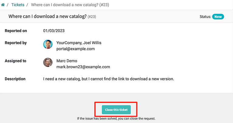 Vista de cierre de ticket en Servicio de asistencia