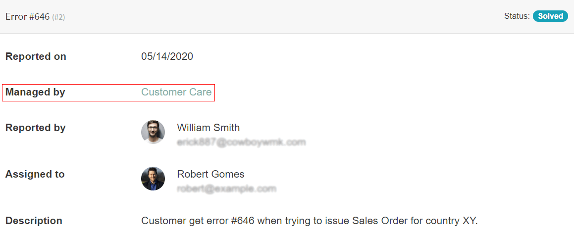 Vista del ticket de servicio de asistencia del portal de usuario, con énfasis en el enlace del equipo de servicio de asistencia en la aplicación de Servicio de asistencia de Odoo