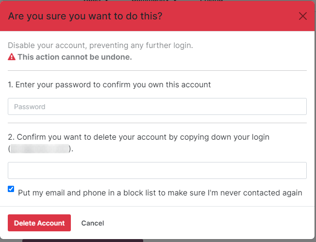 Al hacer clic en el botón Eliminar cuenta se abrirá una ventana que verifica el cambio.