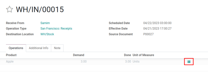 Haga clic en el botón Operaciones detalladas que se ubica a la derecha de la página de traslados del almacén, a la derecha  del documento de recepción del almacén.