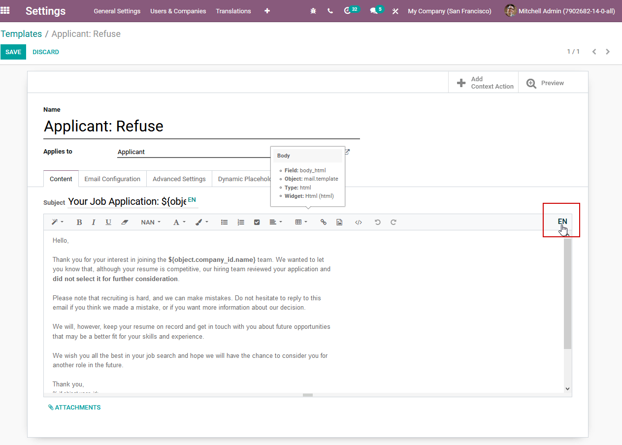 Editar el idioma de una plantilla