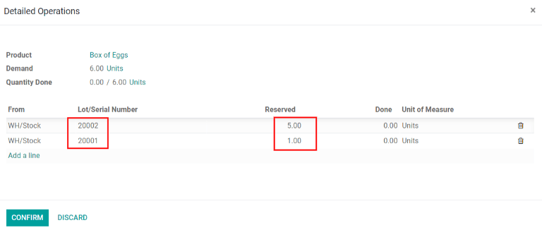 Las operaciones detalladas para el traslado muestran los lotes que deben tomarse.