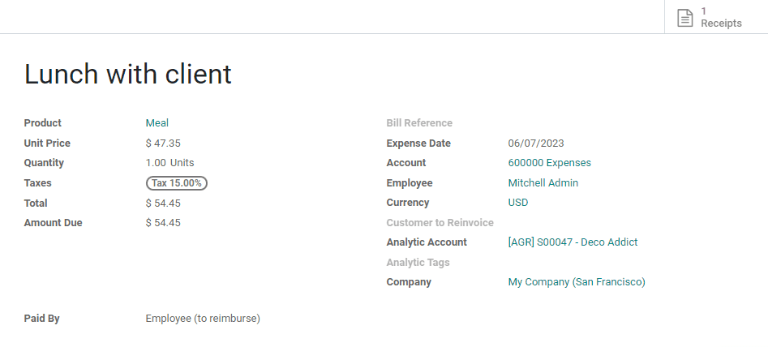 Un formulario de gastos completado para la comida de un cliente.