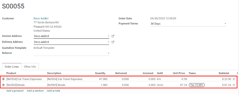 Cree y confirme una orden de venta donde los gastos se enlisten como productos.