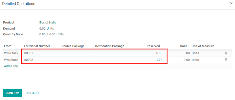 Las operaciones detalladas para el traslado muestran los lotes de clavos que deben tomarse.