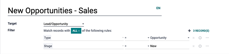 Escenario estándar que utiliza filtros en la aplicación Automatización de marketing de Odoo.