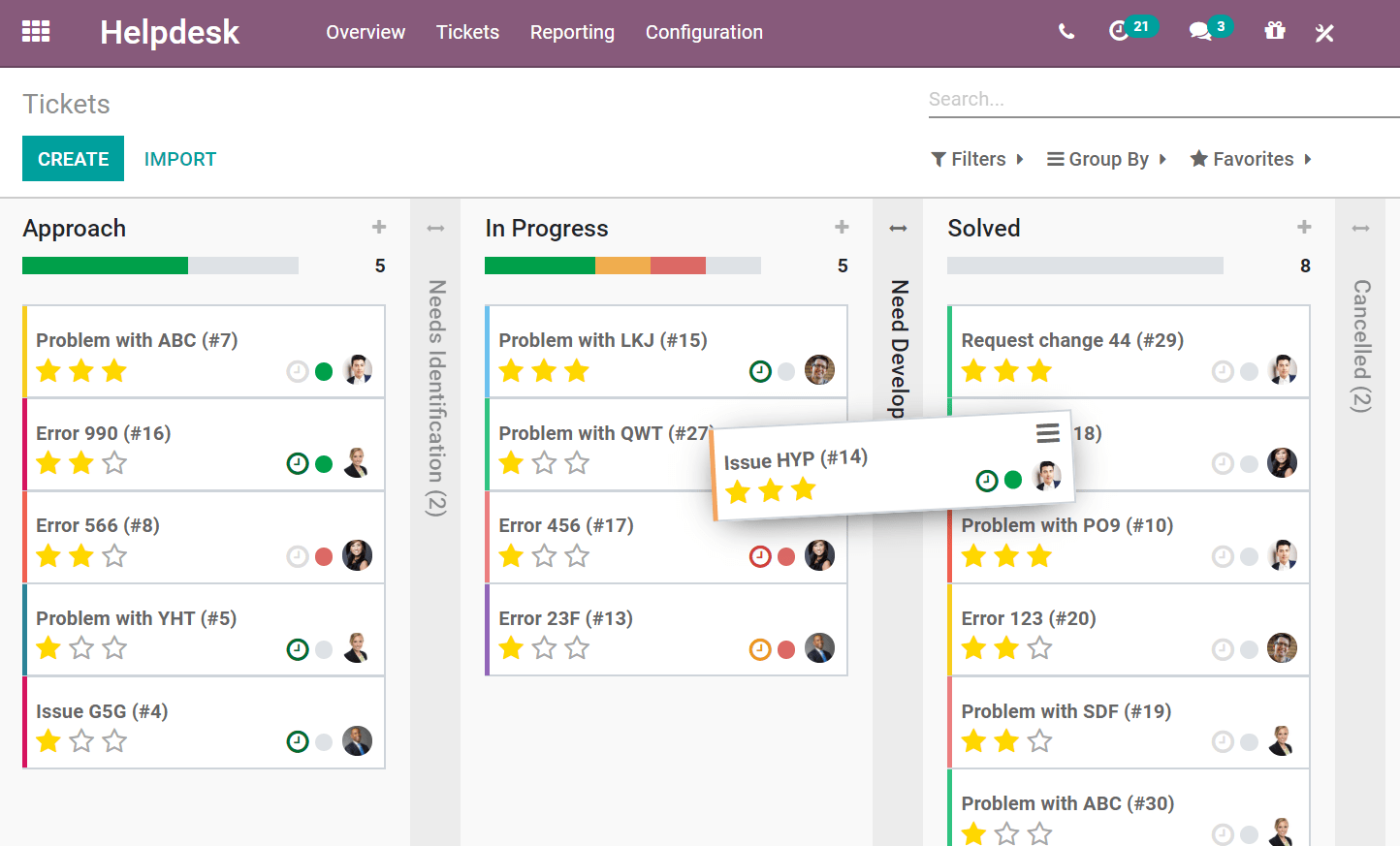 Vista de kanban de un equipo en la aplicación de Servicio de asistencia de Odoo