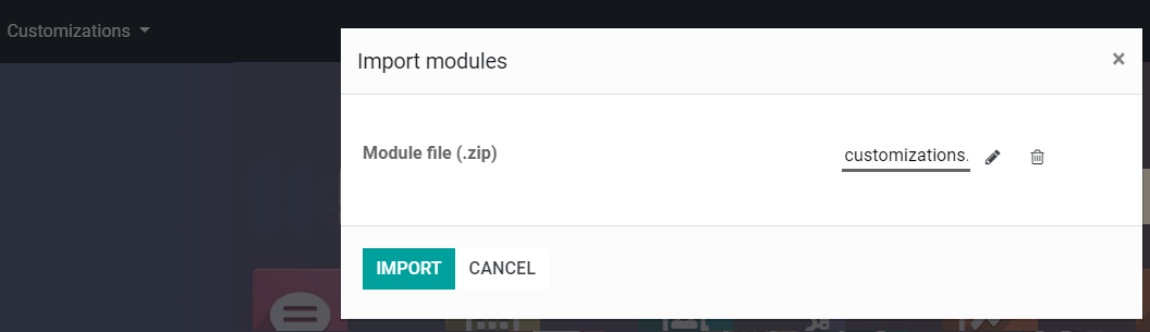Vista de la ventana para importar módulos en Studio de Odoo 