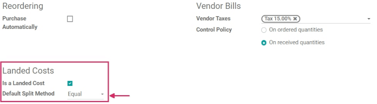 Los costos en destino y el método correspondiente habilitado en el formulario del producto.