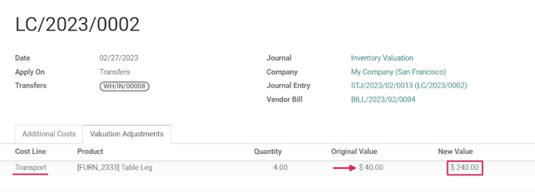 Pestaña de ajustes de valoración para los costos en destino de la factura del proveedor.