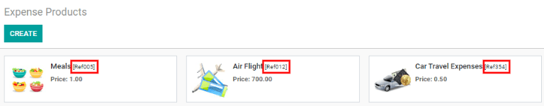 Los números de referencia internos aparecen en la vista principal de productos de gastos.