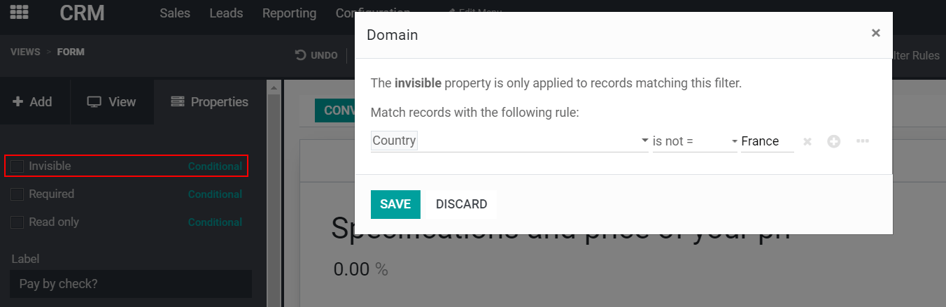 Vista de la configuración de un dominio de invisibilidad de un campo en Studio de Odoo