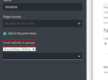 Vista de los ajustes de un reporte resaltando el campo de limitar visibilidad a los grupos en Studio de Odoo 