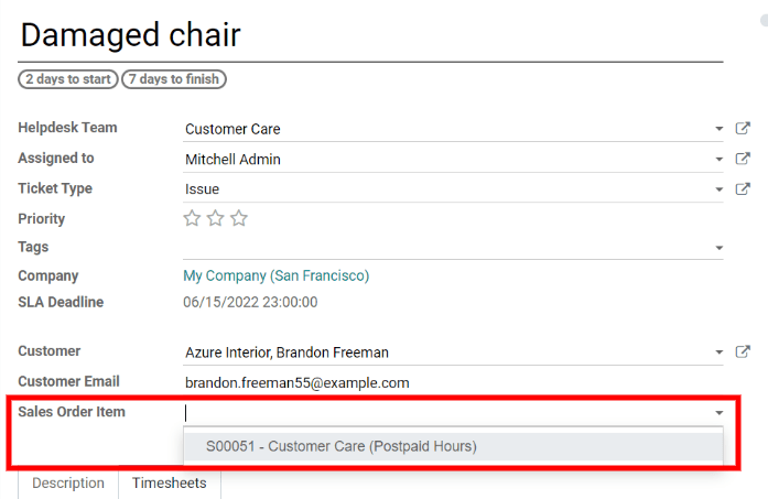 Vincular el artículo de la orden de venta al ticket.