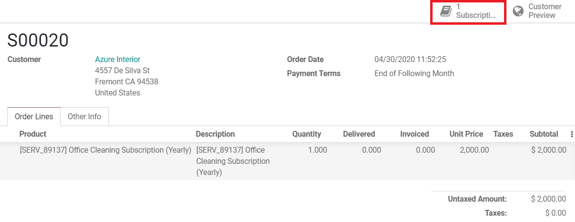 Formulario de cotización en Ventas de Odoo con un botón de "Suscripciones". 