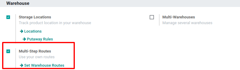Activación de la función de múltiples pasos en la aplicación de Inventario de Odoo