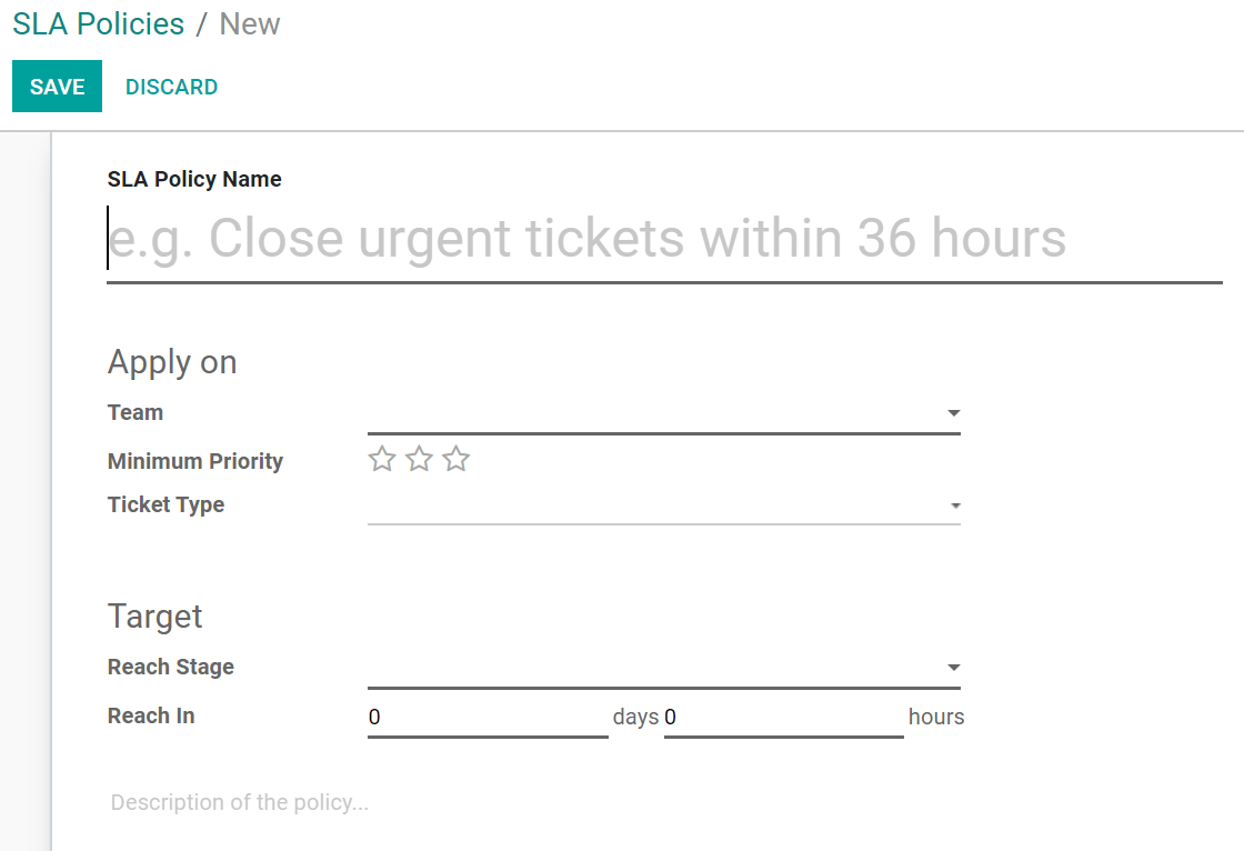 Vista de un formulario de acuerdo de nivel de servicio en la aplicación de Servicio de asistencia de Odoo