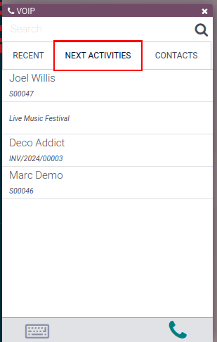 VoIP widget with next activities highlighted, showing tasks below.