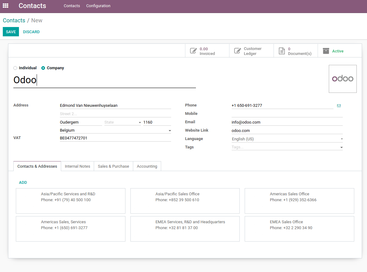 Creación de un nuevo contacto en Odoo