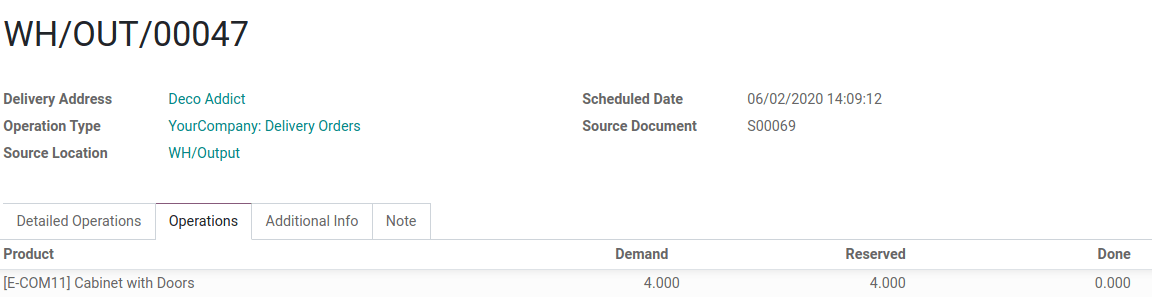 Vista de las operaciones que se crearon a partir de un traslado con regla Pull