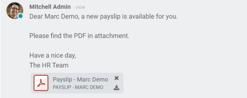 La nueva nómina se envía por correo electrónico al empleado y dicho correo aparece en el chatter.