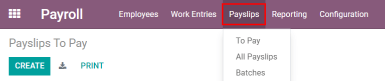 Selección del menú de nóminas en la aplicación de Nómina.