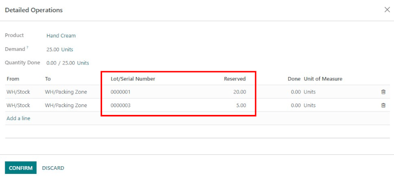 Números de lote de crema de manos seleccionados para la orden de venta.