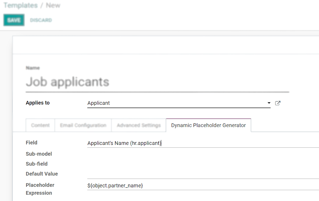 Vista de la pestaña del generador dinámico de marcadores de posición en una nueva plantilla en Odoo
