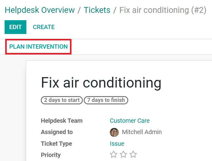 Planeación de intervención desde los tickets del servicio de asistencia de Odoo.