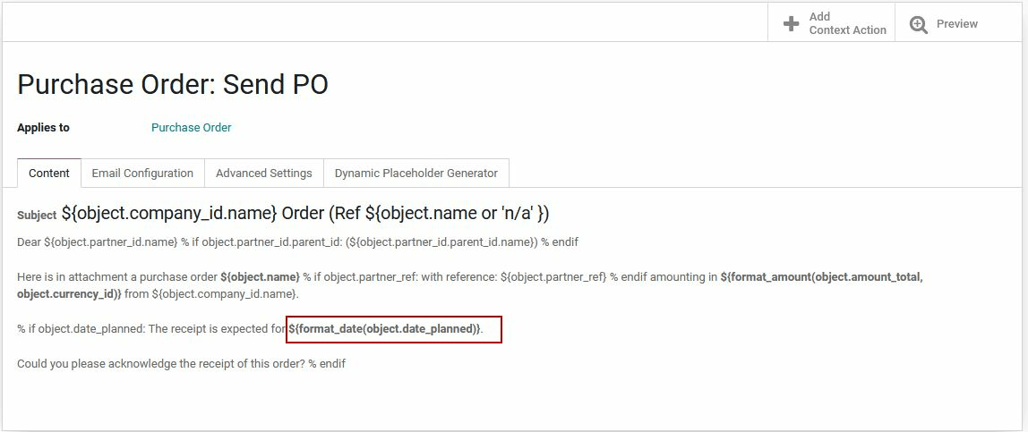 Código del format_date en la plantilla de Compra existente