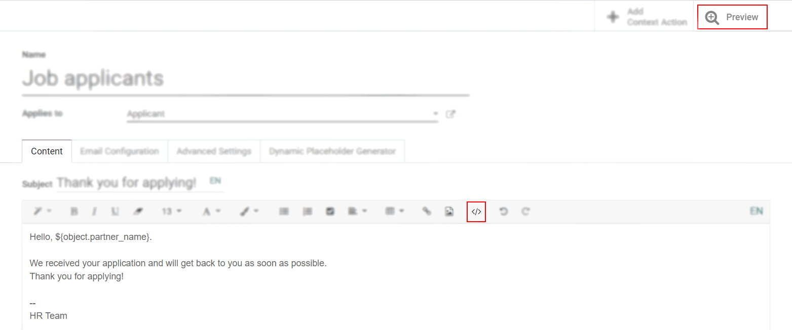 Vista del contenido con la vista estándar del cuerpo en Odoo