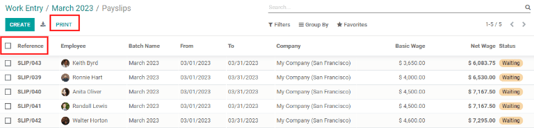 Botón Imprimir para generar nóminas en PDF.
