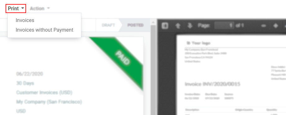 Vista de un formulario de factura resaltando el menú de imprimir para Studio de Odoo