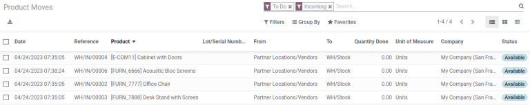 Filtrar los registros de traslados del almacén por envíos entrantes y procesos pendientes.