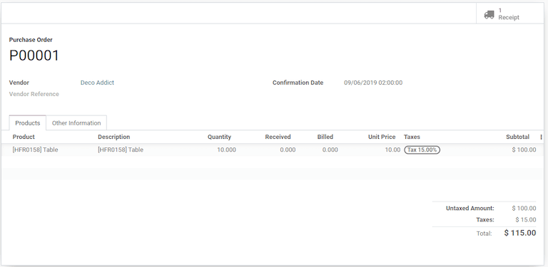 Orden de compra con 10 mesas con un valor de $10 cada una.