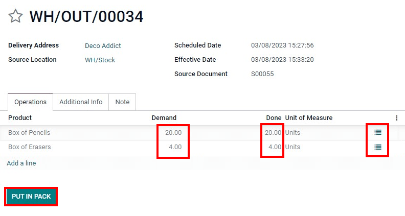 Botón "Incluir en el paquete" para que la cantidad hecha coincida con la demanda.