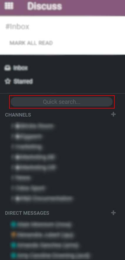 Imagen de la barra lateral de la aplicación Conversaciones de Odoo donde se resalta la barra de búsqueda rápida.