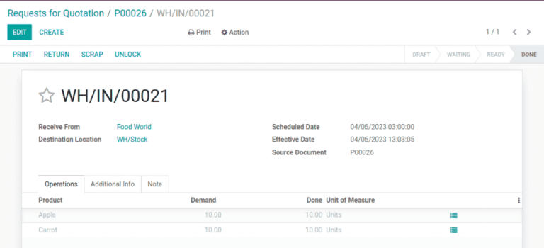 En la operación de recepción del almacén. Recepción del paquete de manzanas y zanahorias.